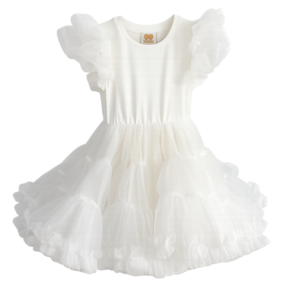 SUKIENKA Z FALBANKAMI KRÓTKI RĘKAW- ECRU 