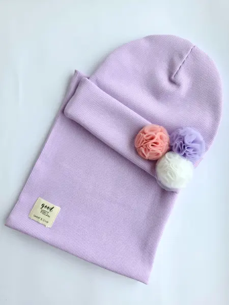 KOMPLET CZAPKA Z POMPONAMI +KOMIN- LILA